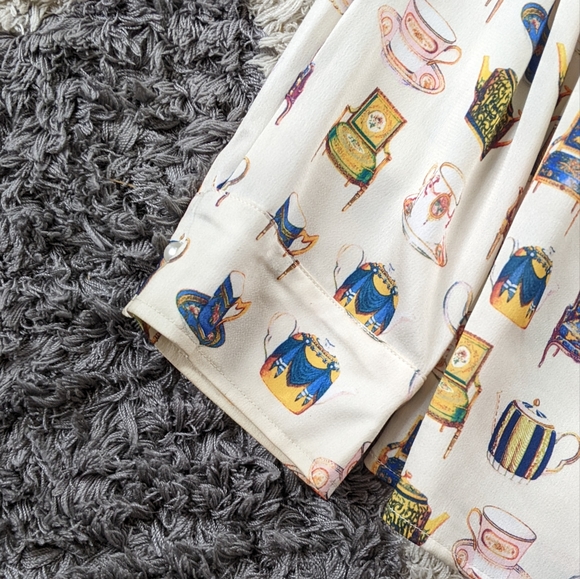 Talbot's Vintage Tea Cup Print Long Sleeve Polyester Blouse Size Women's L - Picture 4 of 7